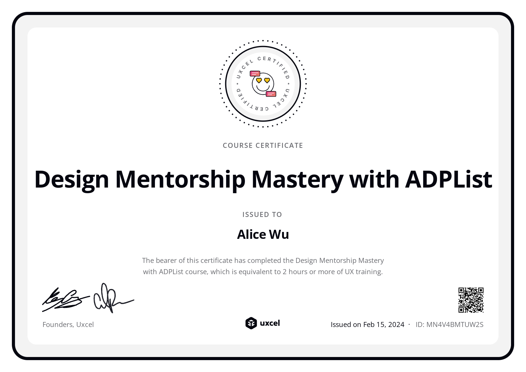 Alice Wu's certificate